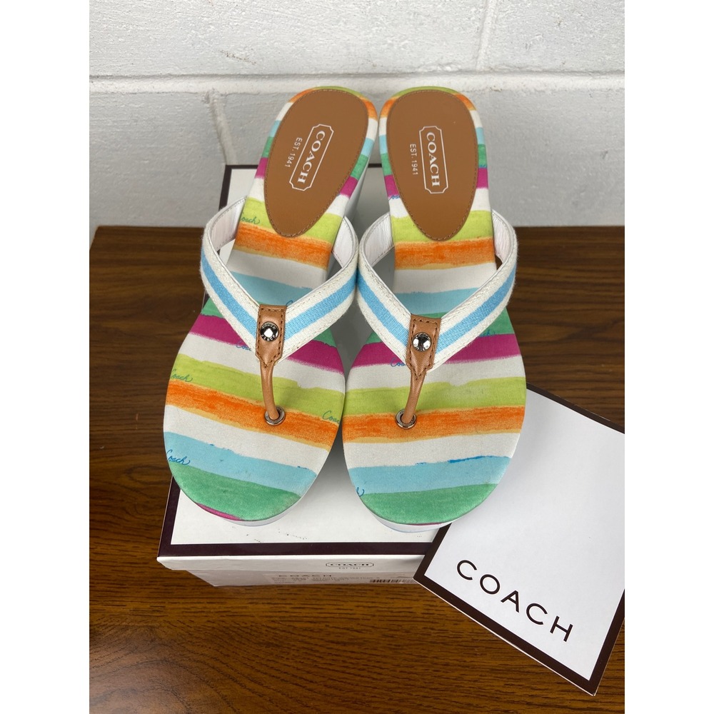 NIB Coach Felicite A8361 Platform‎ Wedge Sandals Striped Thong Watercolor 9.5M